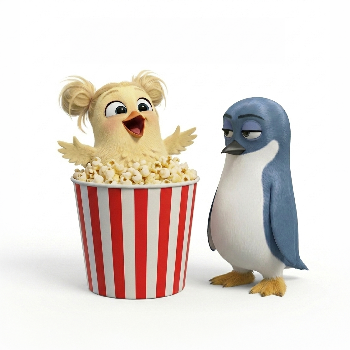 Pip the chick in a red-and-white popcorn bucket beside Suu the penguin.